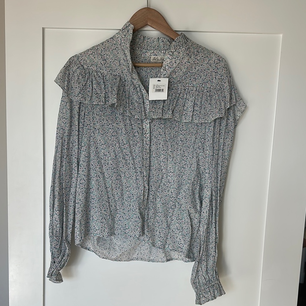 LoveShackFancy floral Gray Ruffled Bib Collar Blouse